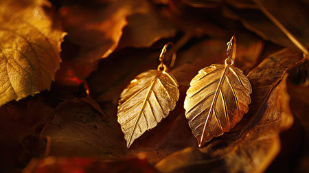 This captivating image features elegant gold leaf earrings resting on a bed of autumn leaves, highlighting the intricate design and warm tones of nature-inspired jewelry.の素材