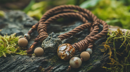 A beautifully crafted piece of natural jewelry featuring twisted brown rope intertwined with unique stones, placed on a rustic wooden surface surrounded by greenery.の素材