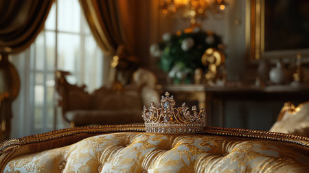 A stunning crown rests on a plush velvet sofa, surrounded by golden decor and soft ambient lighting, showcasing an elegant and opulent interior design.の素材