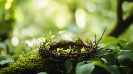 A serene bird nest rests on soft moss, surrounded by vibrant green leaves, capturing the essence of tranquility in a sun-drenched forest environment.の素材