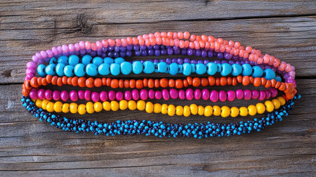 A collection of colorful beaded necklaces arranged on a rustic wooden surface, showcasing vibrant colors and unique designs ideal for adornment or creative projects.の素材