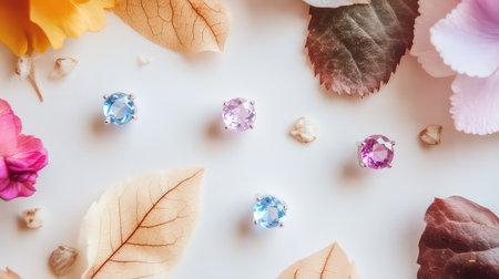 This exquisite image features colorful gems artfully placed among autumn leaves and delicate flowers, creating a vibrant and elegant visual for design inspiration.の素材