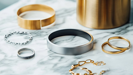 A captivating collection of jewelry items arranged on a marble surface, showcasing diverse designs in metal finishes, perfect for fashion and elegance.の素材