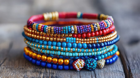 This image showcases a vibrant collection of handcrafted beaded bracelets, elegantly stacked on a rustic wooden surface, perfect for highlighting unique jewelry designs.の素材