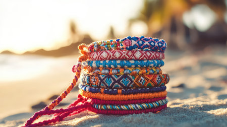 A stunning collection of handcrafted bracelets in vibrant colors stacked together on a sandy beach during a beautiful sunset. Perfect for showcasing summer spirit.の素材