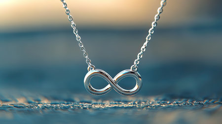 A stunning close-up of an elegant silver infinity necklace, gracefully set against a blurred blue surface. The delicate design reflects light beautifully, enhancing the sophisticated aura of this timeless piece. Perfect for showcasing jewelry elegance and craftsmanship.の素材