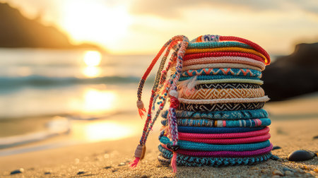 A vibrant collection of friendship bracelets is artistically stacked on the sandy beach, capturing the essence of summer during a sunset. The waves create a soothing backdrop.の素材