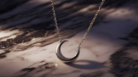 Close-up view of an elegant silver crescent moon pendant necklace resting on a luxurious marble surface, showcasing sophisticated craftsmanship and design.の素材