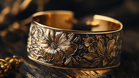 A stunning gold cuff bracelet featuring intricate floral engravings, resting on a rustic wooden surface. This exquisite piece showcases fine craftsmanship and luxurious design, emphasizing elegance and beauty in jewelry. Perfect for adding style to any outfit.の素材