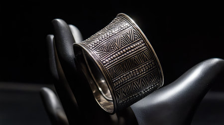 This stunning silver bracelet features intricate geometric patterns that showcase exceptional craftsmanship. The elegant design is perfect for fashion enthusiasts.の素材
