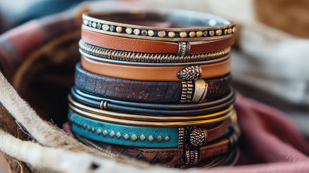 This image features a stunning collection of leather and metal bracelets stacked elegantly in a bohemian-style basket, showcasing intricate designs and vibrant colors ideal for fashion enthusiasts.の素材