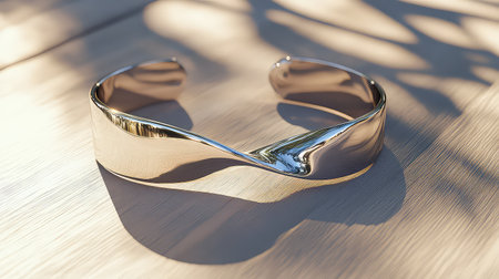 This stunning silver bangle features a graceful, curved design that captures light beautifully. Placed on a textured wooden surface, it highlights elegance and modern craftsmanship.の素材