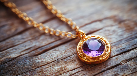 A stunning closeup of an elegant amethyst gemstone pendant on a golden chain, resting on a rustic wooden surface, highlighting its vibrant color and shine.の素材