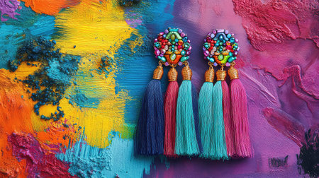 A stunning pair of colorful tassel earrings featuring intricate beadwork, set against a bright and abstract painted background, perfect for fashion lovers.の素材