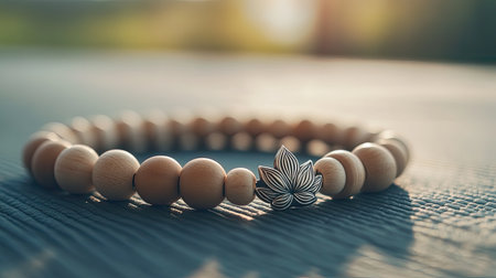 This image features a beautifully crafted wooden bracelet adorned with a lotus charm, resting gently on a textured surface. The serene backdrop enhances its natural beauty, making it a perfect representation of craftsmanship and style.の素材