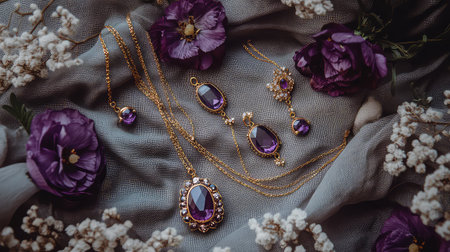 An exquisite presentation of elegant jewelry pieces featuring amethyst stones, surrounded by purple flowers and delicate accents. Perfect for fashion lovers.の素材