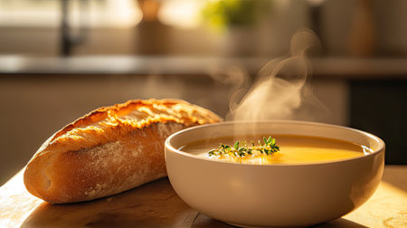 A cozy kitchen scene featuring a steaming bowl of soup beside a crusty loaf of bread, inviting warmth and a sense of home-cooked comfort.の素材