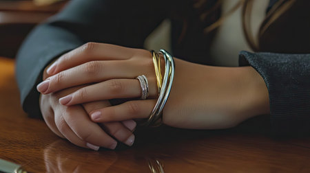 Close-up of a woman's hands resting elegantly on a wooden surface, showcasing a collection of stylish rings and shiny bracelets. Perfect for fashion themes.の素材