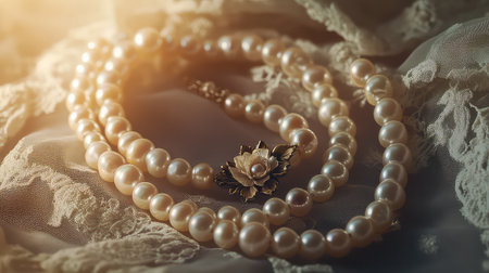 Experience the beauty of an elegant pearl necklace featuring a floral clasp, elegantly placed on delicate lace fabric with soft lighting effects.の素材