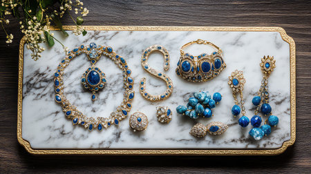 This stunning arrangement of vintage blue jewelry showcases elegant pieces on a sleek marble surface, complemented by delicate flowers, ideal for luxury displays.の素材