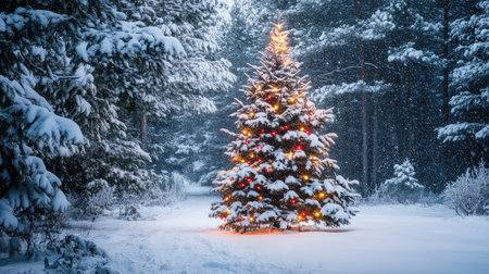 A picturesque scene of a snow-covered pine tree adorned with colorful ornaments and soft glowing lights surrounded by a serene winter forest.の素材