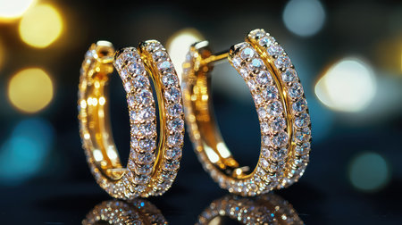 This captivating image features gleaming gold hoop earrings embellished with sparkling crystals, set against a softly blurred background of shimmering lights.の素材