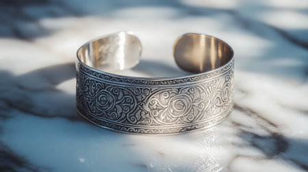 This elegant silver cuff bracelet features intricate floral engravings, showcasing exquisite craftsmanship. Perfect for fashion lovers, it adds a unique touch to any outfit.の素材