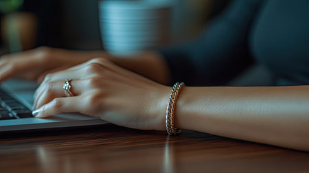 A close-up view of a feminine hand gracefully typing on a laptop keyboard, featuring an elegant bracelet, set in a modern workspace environment.の素材