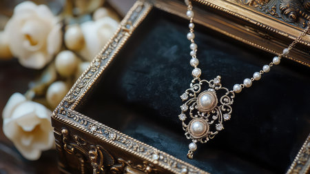 This stunning vintage necklace features exquisite pearls set in an ornate design, beautifully displayed in a decorative jewelry box amidst soft roses, capturing elegance.の素材