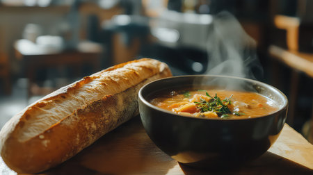 A steaming bowl of vegetable soup sits beside a crusty loaf of bread, capturing a cozy and comforting atmosphere perfect for any meal.の素材