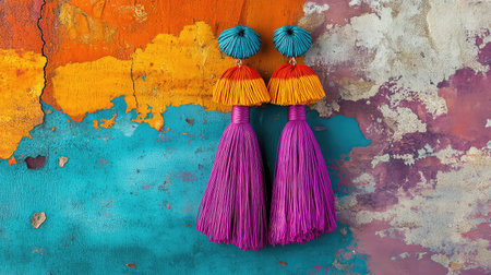This image features stunning colorful tassel earrings displayed against an abstract wall, showcasing vibrant hues and a unique artistic design.の素材