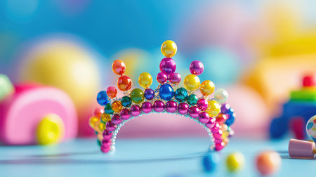 A vibrant beaded crown radiates joy among playful childhood elements. Colorful beads and a soft focus background create a cheerful atmosphere perfect for celebrations.の素材