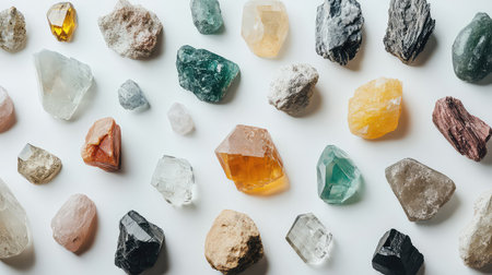 A captivating arrangement of various stones and crystals showcasing unique colors and textures on a clean white surface, ideal for decoration or healing practices.の素材