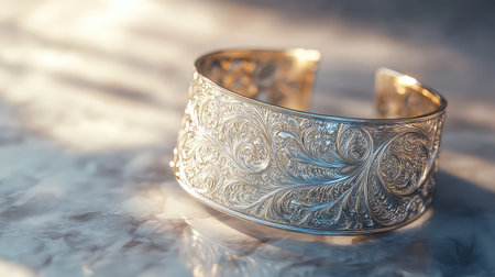 A stunning silver bracelet featuring intricate floral engravings, beautifully displayed on a soft background. This metal accessory showcases exquisite craftsmanship and elegance.の素材