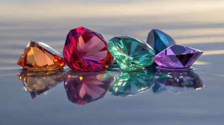 A stunning arrangement of colorful gemstones resting on a reflective surface, highlighting their brilliance and clarity. Ideal for artistic and luxury themes.の素材