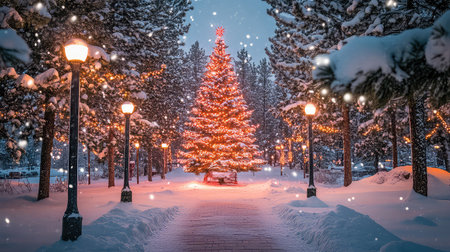 A picturesque winter scene featuring a beautifully lit Christmas tree surrounded by softly falling snowflakes, creating a magical holiday atmosphere.の素材