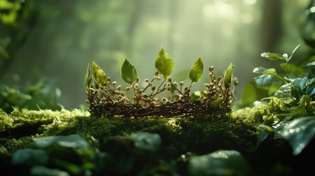 This enchanting image showcases a nature-inspired crown made from twigs and leaves, set against a lush forest backdrop. Soft light creates a magical atmosphere.の素材