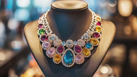 This stunning multicolored gemstone necklace showcases exquisite craftsmanship and elegance, perfect for fashion enthusiasts and luxury accessories lovers.の素材