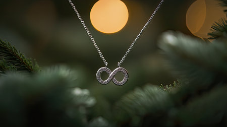 This elegant silver infinity necklace is beautifully captured against a backdrop of green pine branches and warm bokeh lights, perfect for holiday gifts.の素材
