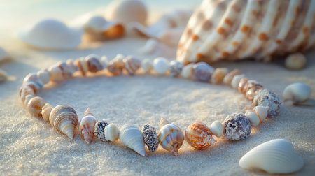 A stunning arrangement of diverse seashells resting on soft sand, capturing the essence of a tranquil beach environment at sunrise.の素材