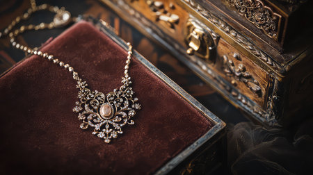 This stunning vintage necklace is displayed elegantly on rich velvet, accompanied by an ornate jewelry box, creating a luxurious and timeless visual.の素材