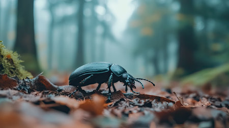 A stunning close-up captures a black beetle navigating the leaf-strewn forest floor. The misty backdrop adds a serene touch to this enchanting natural scene.の素材