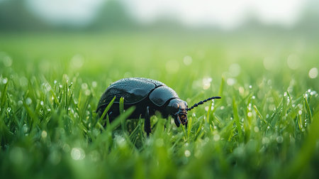 A black beetle is seen crawling on vibrant green grass, adorned with dew droplets, capturing the beauty of nature and serenity in the outdoors.の素材