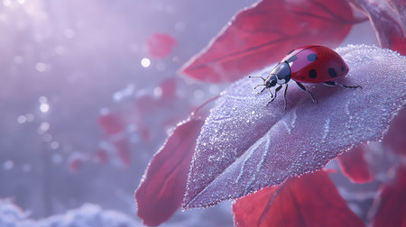 This enchanting close-up image captures a ladybug perched on a dew-kissed leaf, surrounded by vivid red foliage, evoking a serene and dreamy nature scene.の素材
