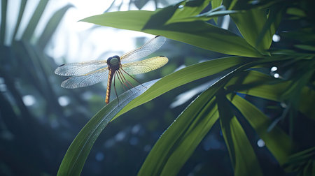 A stunning close-up view of a dragonfly resting on a green leaf, surrounded by tropical foliage. The soft natural light enhances the vibrant colors and delicate details.の素材