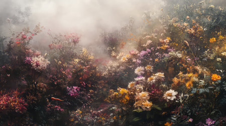 A beautiful floral landscape showcasing a variety of colorful blossoms surrounded by a misty atmosphere. Captures the essence of tranquility and nature's beauty.の素材