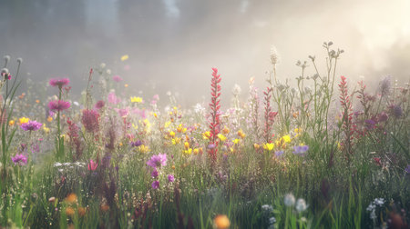 A breathtaking view of a vibrant wildflower meadow bathed in soft morning mist and gentle sunlight, showcasing the beauty of nature in springtime.の素材