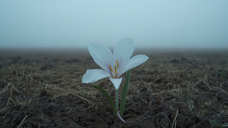 A stunning white flower rises from the brown earth, surrounded by a soft mist in a serene landscape. This composition captures the beauty of nature's resilience.の素材