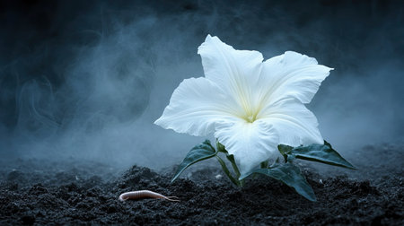 A stunning white hibiscus flower emerges from dark soil, enveloped in ethereal smoke, creating a serene and captivating atmosphere ideal for nature-themed projects.の素材