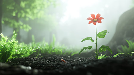 A striking red flower rises from dark soil, surrounded by lush green ferns in a misty forest setting, capturing the essence of nature's beauty and growth.の素材